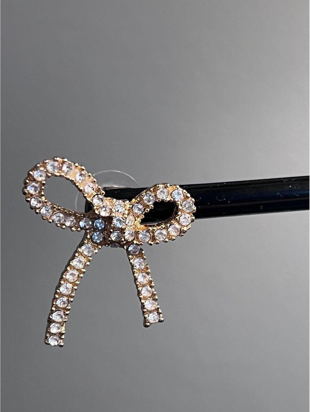 Bow Shaped Stud Earrings in Gold w/ Pave Cubic Zirconia - Picture 7 of 11